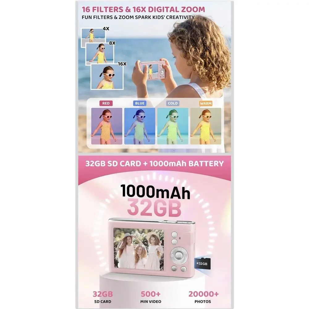 Multi-functional Kids Camera 2.4 Inch HD Screen 1080P Digital Camera Pink New